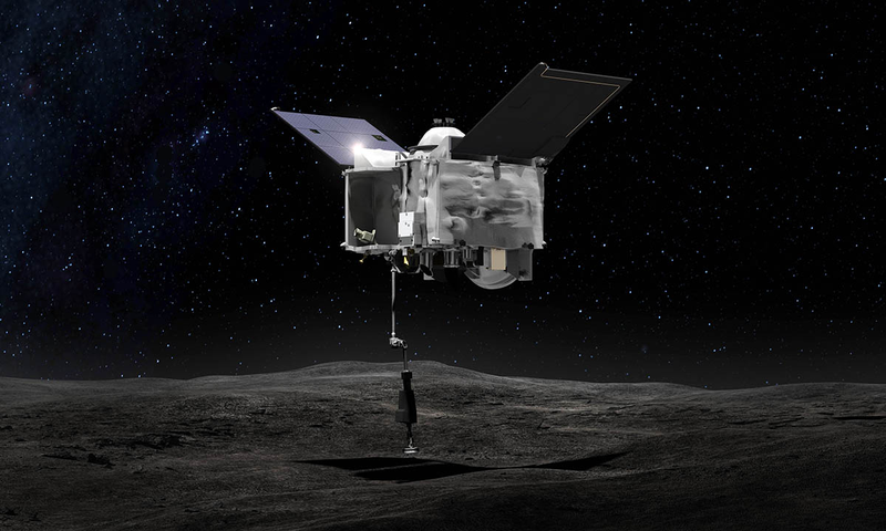 Representación artística de la sonda OSIRIS-REx desplegando el módulo para tomar muestras. Foto: NASA